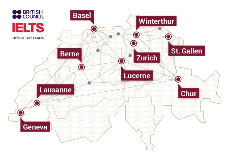 Map IELTS tests, all exam locations in Switzerland - Zürich, Winterthur, Chur, St. Gallen, Luzern, Aargau, Bern, Basel, Lausanne, Geneva